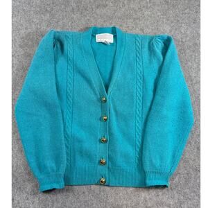 VINTAGE 80s SML Sport Cardigan Sweater Womens Small Teal Puff Sleeve Lambswool